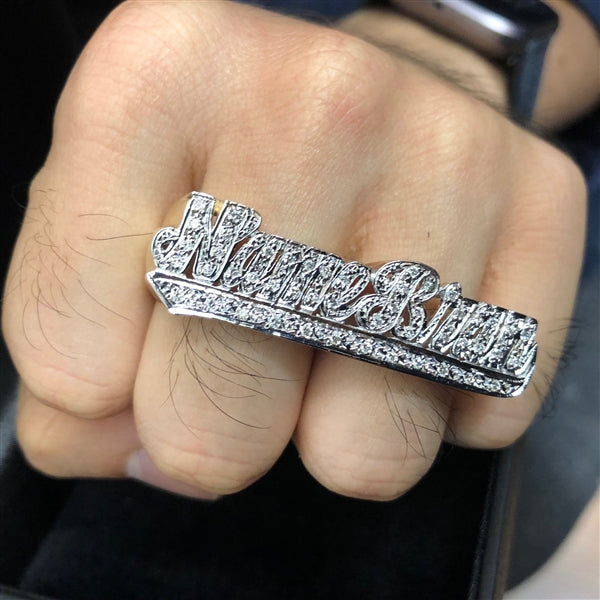 Two Finger Ring 12 mm Big 14K Gold - Diamond Cut