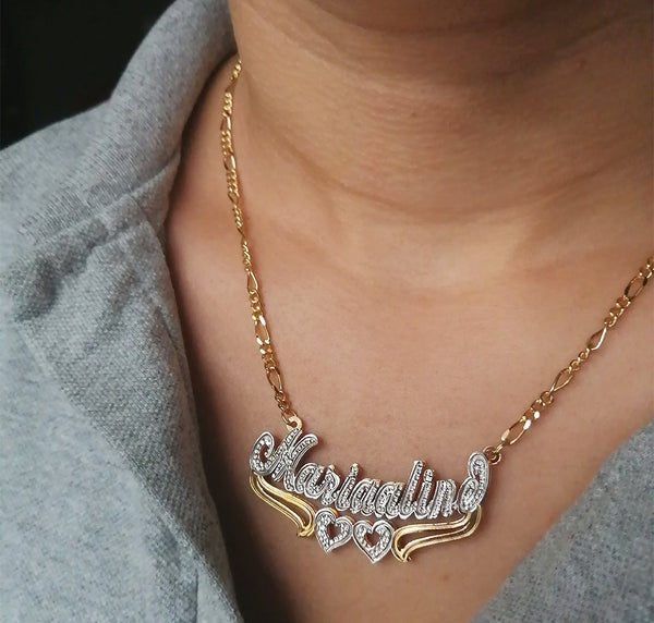 Curved 3D Nameplate Necklace with Two Hearts with 20 CZ