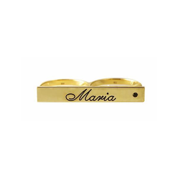 Engraved Name Two Finger Ring with Birthstone in Real Gold