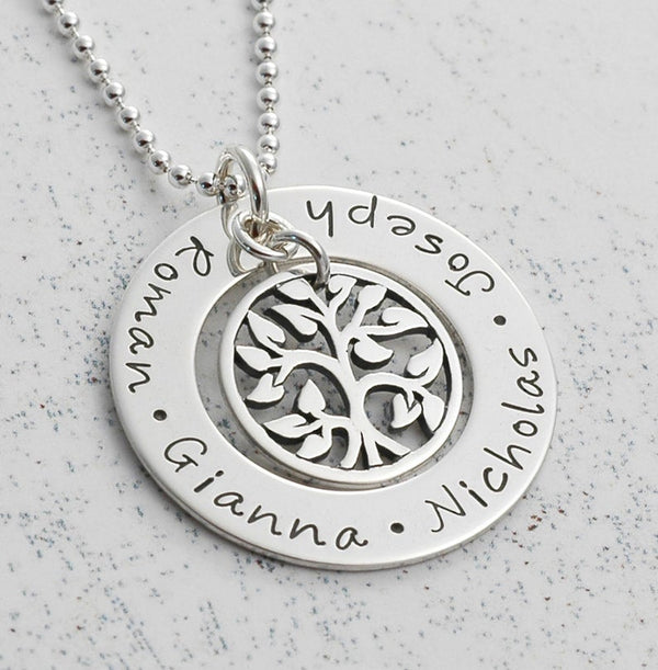 Family Circle Tree Mothers Hand Stamped Necklace