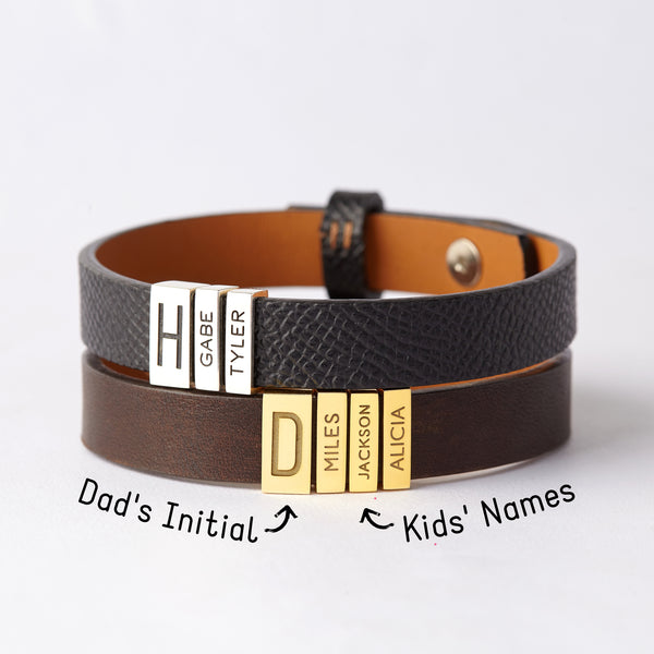 Kids Names Leather Bracelet For Dad, Dad Gift with Kids Name