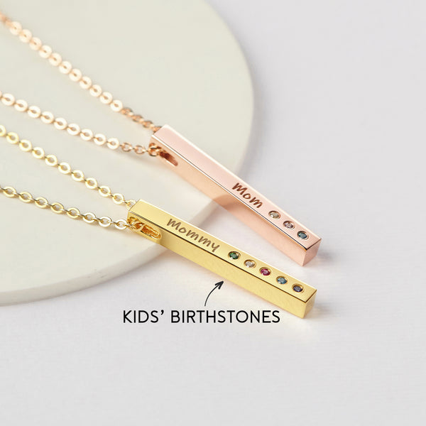 Birthstone Bar Necklace, Necklace With Birthstone, 4 Sided Bar 3D
