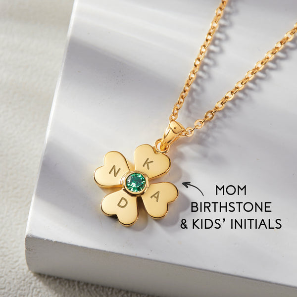 Four Leaf Clover Necklace, Kids Initials Necklace, Mother Necklace