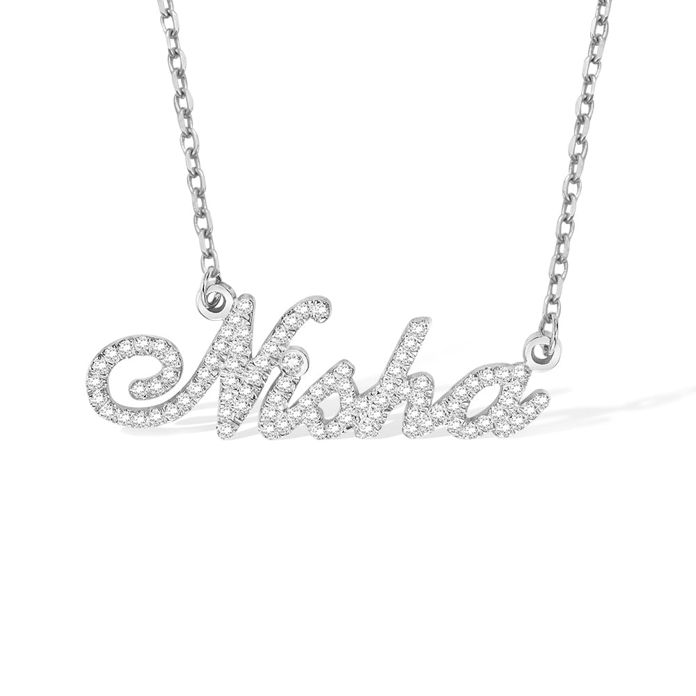 Custom Sterling Silver Nameplate Necklace Covered in Rhodium Sparkle –  Monograms NYC
