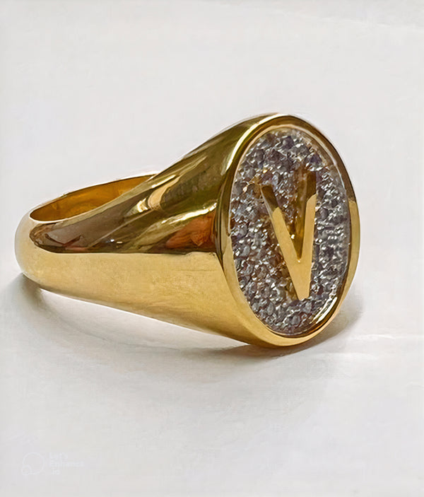 Celebrity Diamond Signet Ring with Initial
