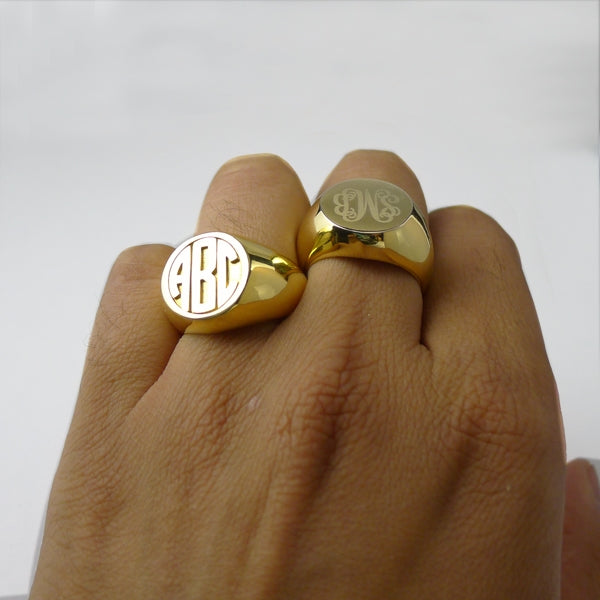 Custom Initial Ring - 14K gold double initial ring monogram signet rin -  Monster