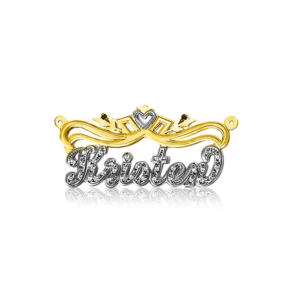 Big 3D Double Plated CZ Nameplate Necklace with Crown with 20 CZ