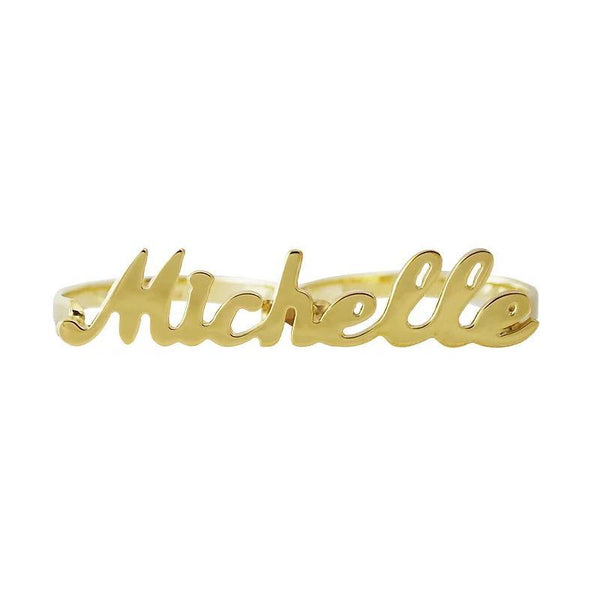 Gold Two Finger Name Ring Curssive Font