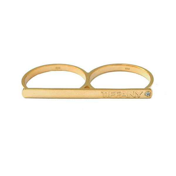 Gold Engraved Bar Two Finger Name Ring 4mm with Birthstone
