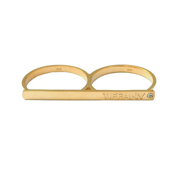 Gold Engraved Bar Two Finger Name Ring 4mm with Birthstone