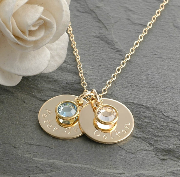 Mother Birthstone Necklace Hand Stamped Gold Filled Disc