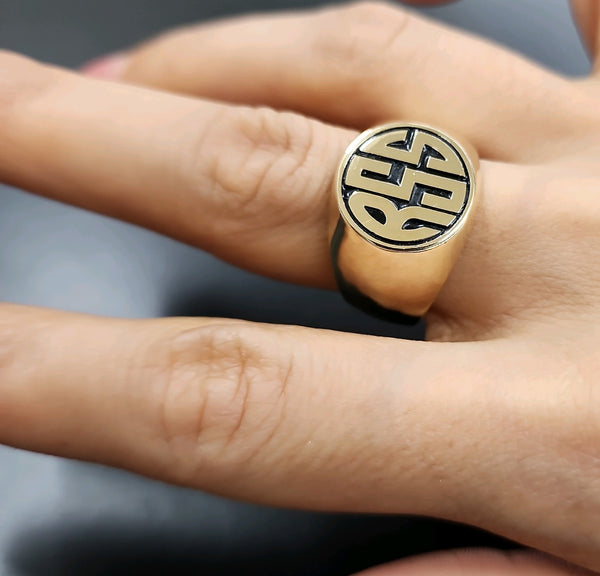 Block Font Signet Ring with Initials in Gold Black Fill